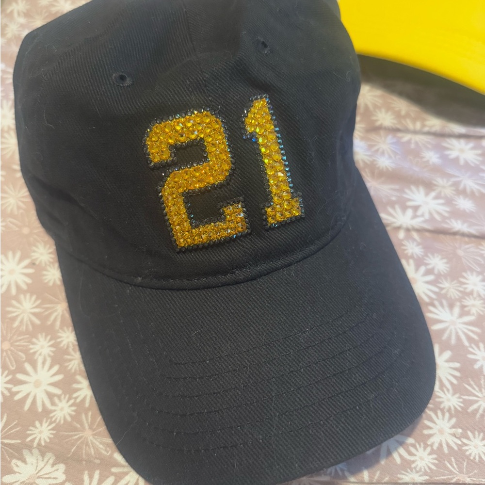 Black Cap with Yellow #21 Swarovski Crystal Embellishment